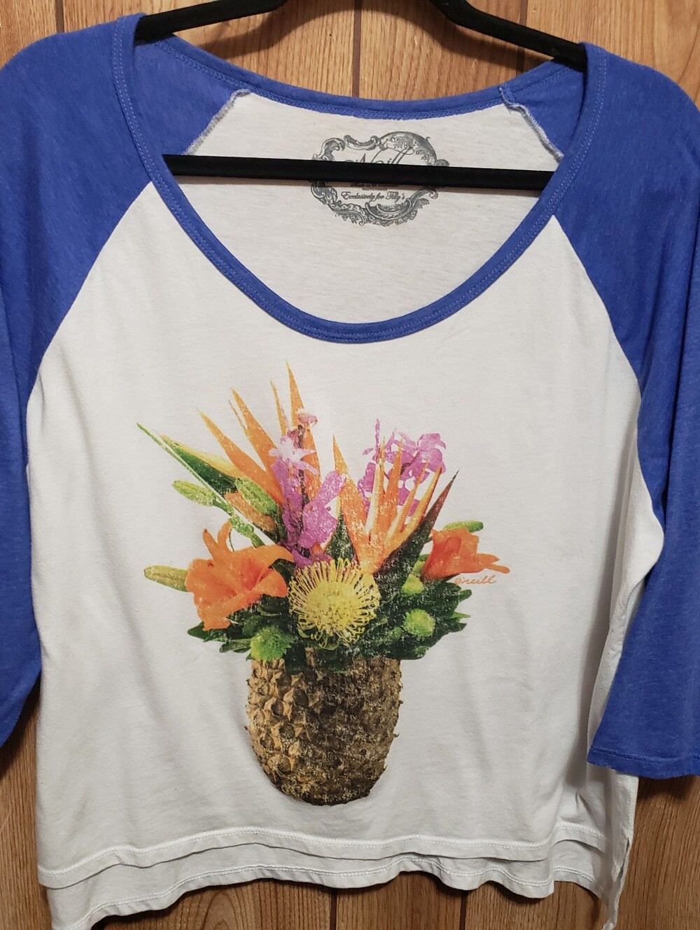 O'Neill Womens Jersey Top Blue White Graphic Pineapple For Tilly's Large Beach